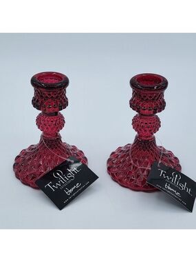 Glass Red Candlestick Holders Pair NWT #2793